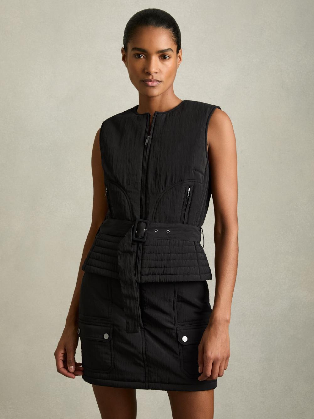 Reiss Quilted Zip-Through Belted Vest In Black
