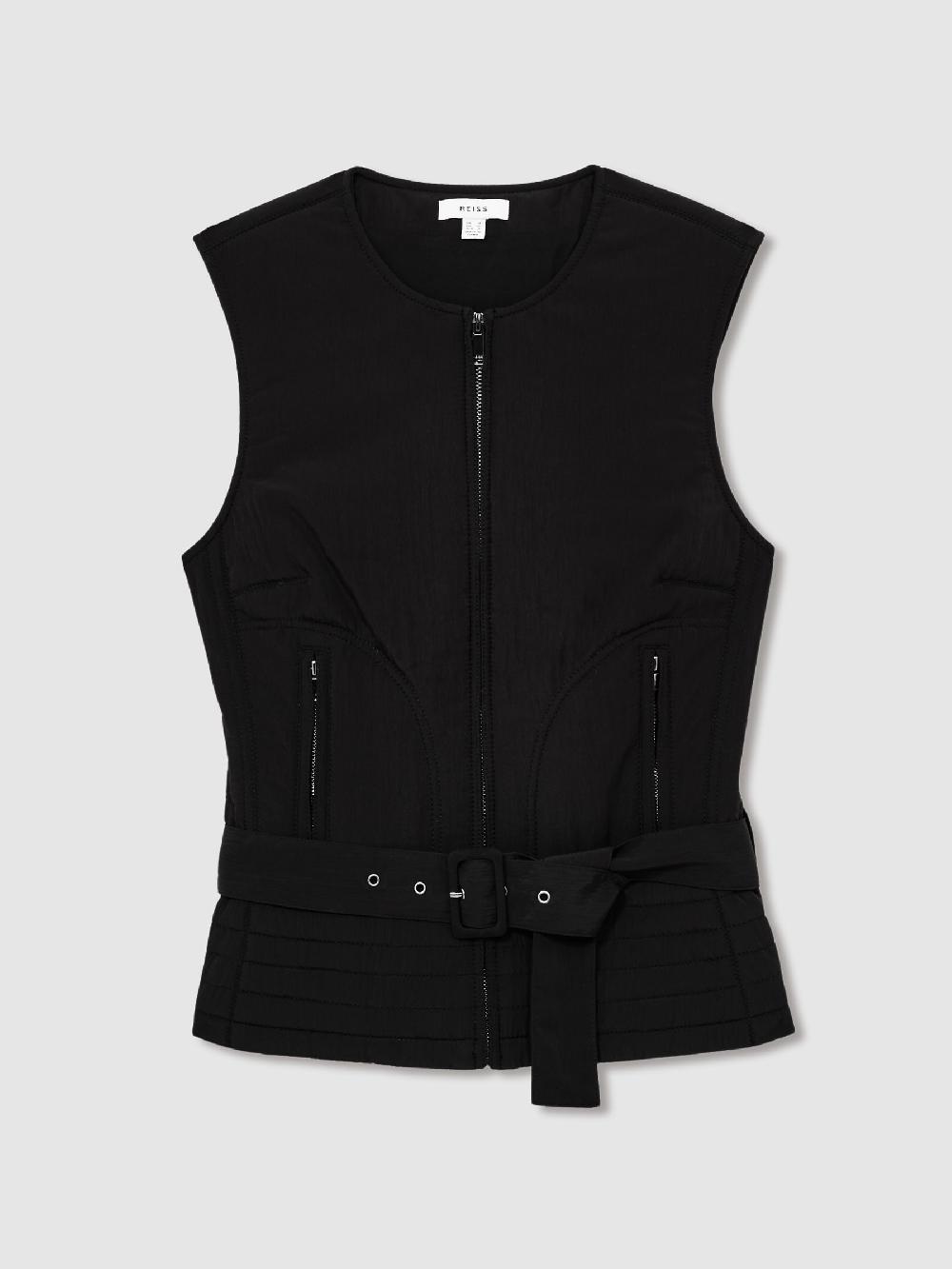 Reiss Quilted Zip-Through Belted Vest In Black