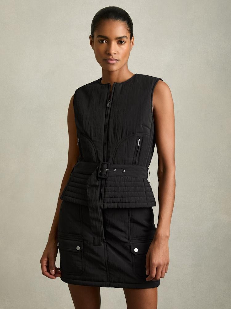 reiss Quilted Zip-Through Belted Vest in Black