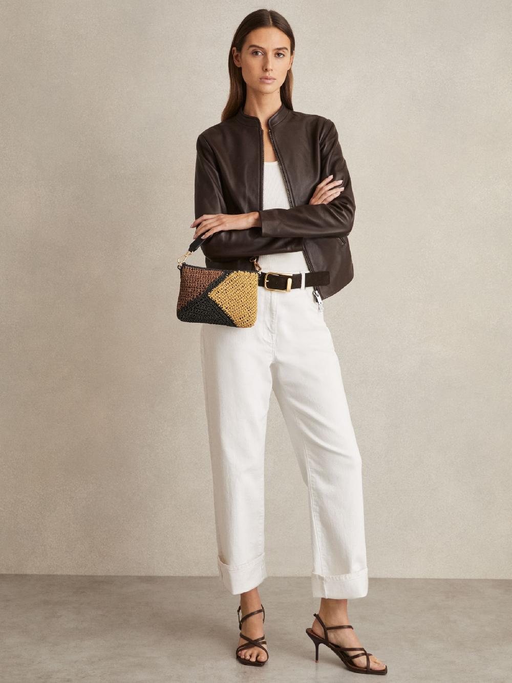 Reiss Raffia Colour-Block Crossbody Bag In Tan