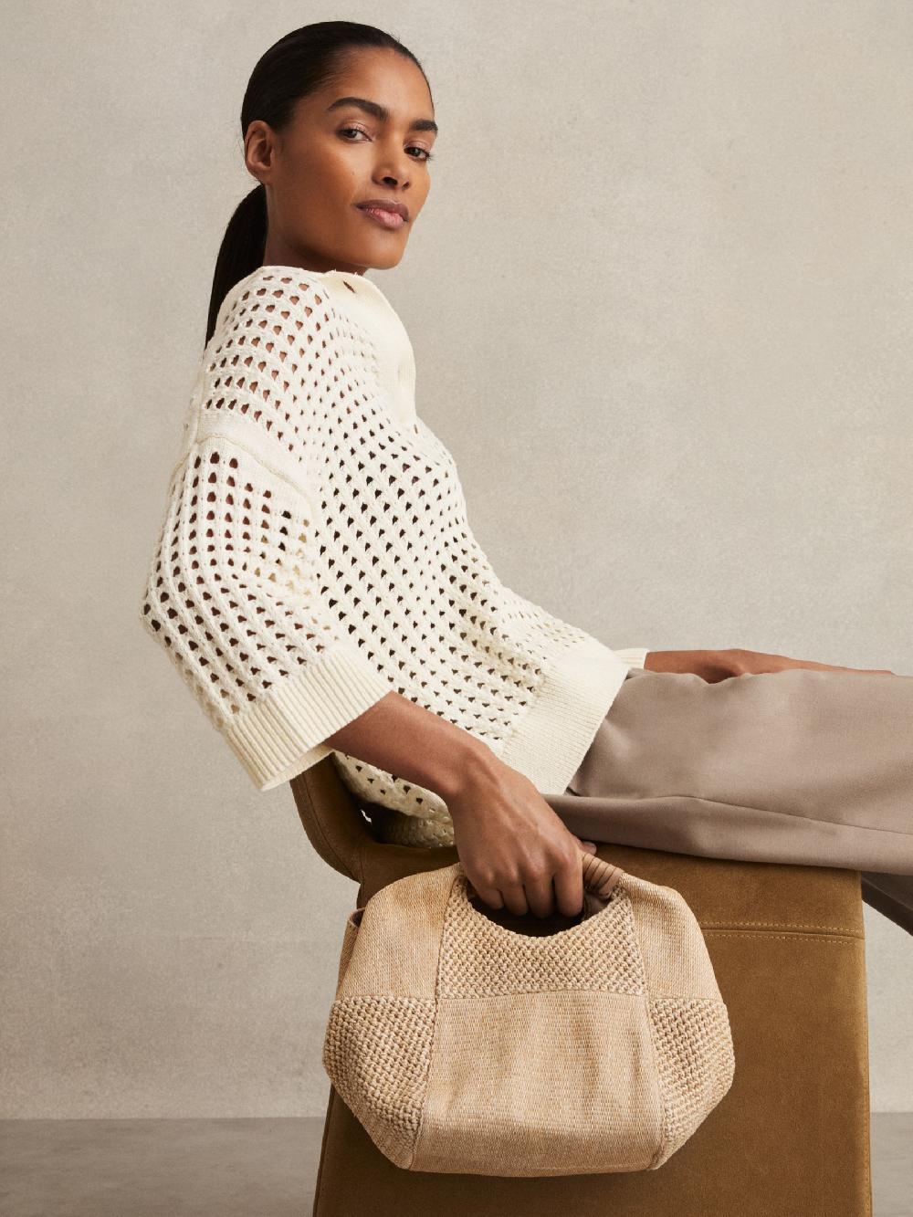 Reiss Raffia Patchwork Clutch Bag In Natural