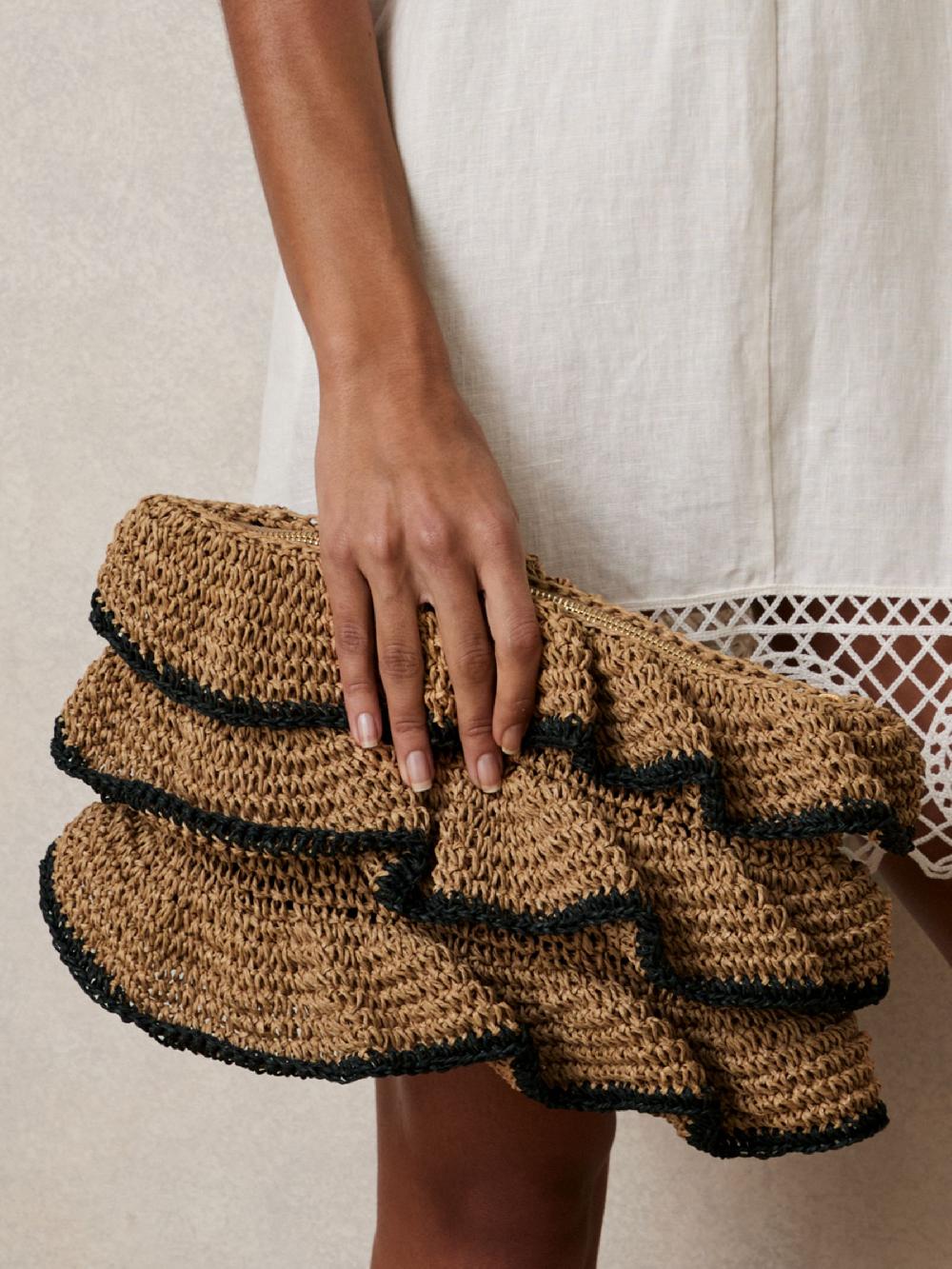 Reiss Raffia Ruffle Clutch Bag In Natural