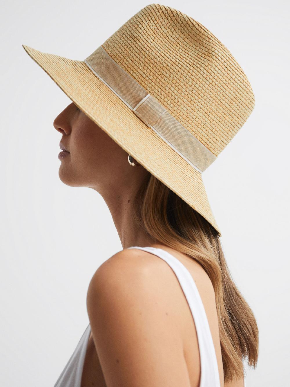 Reiss Raffia Short Brim Sun Hat In Natural