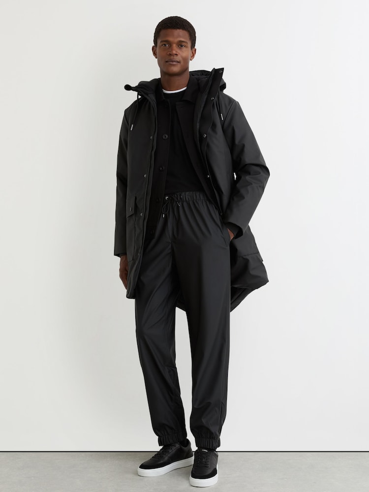 reiss Rains Long Hooded Parka Coat in Black
