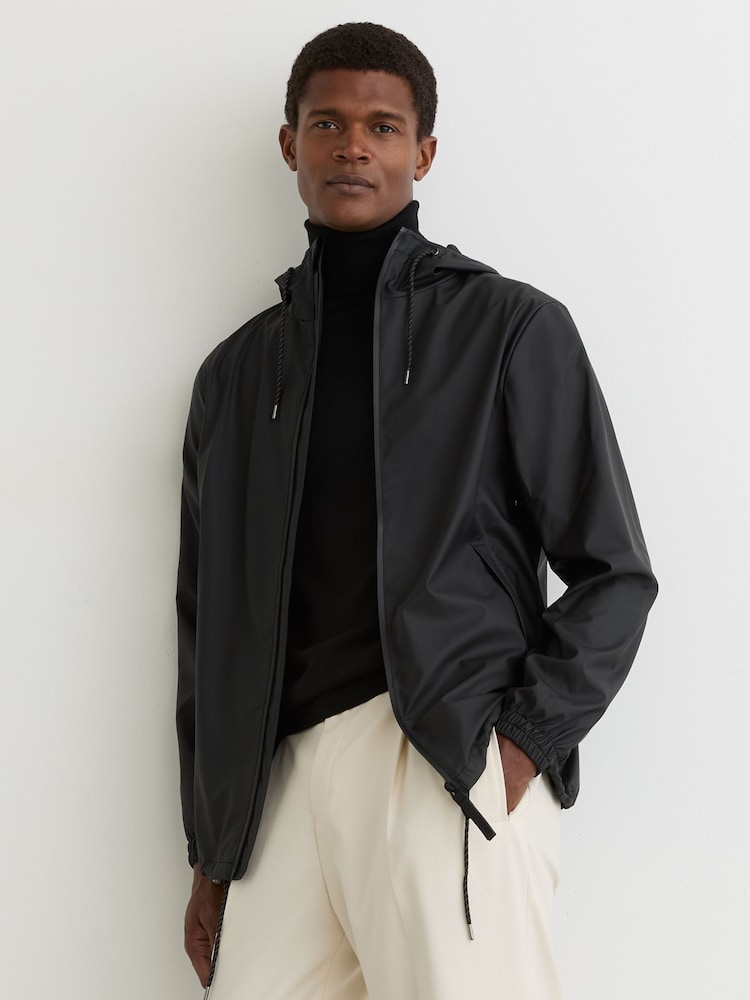 reiss Rains Waterproof Hooded Raincoat in Black