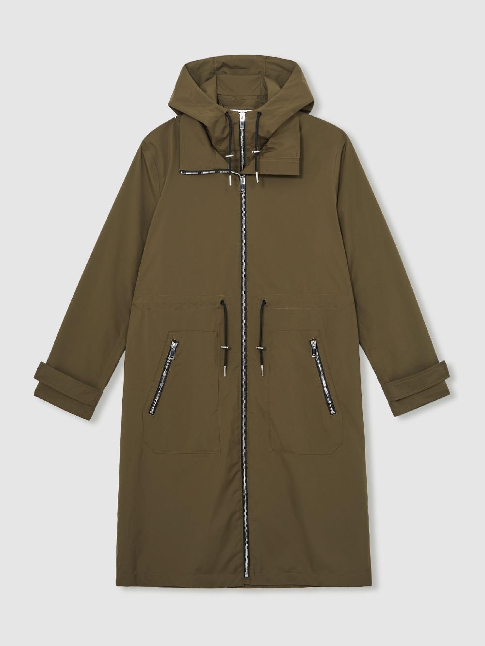 Reiss Removable-Hood Parka Rain Coat In Khaki