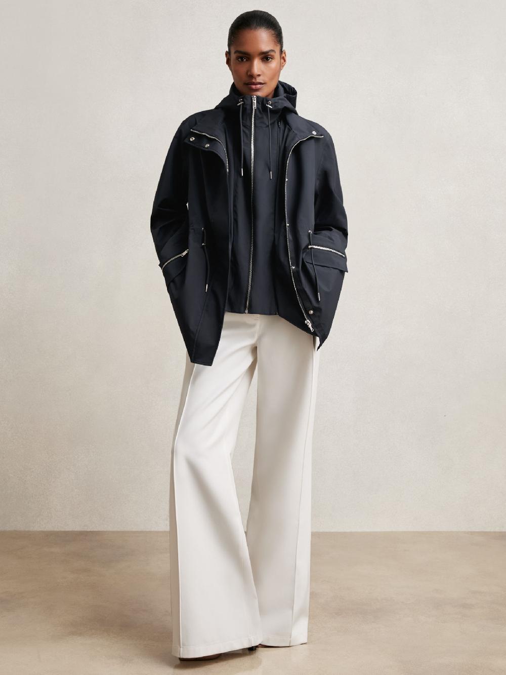 Reiss Removable-Hood Rain Coat In Navy