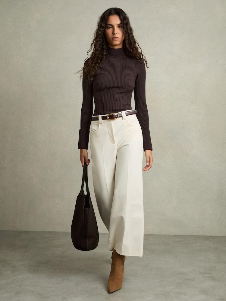 reiss Rib-Knit High-Neck Top in Burgundy