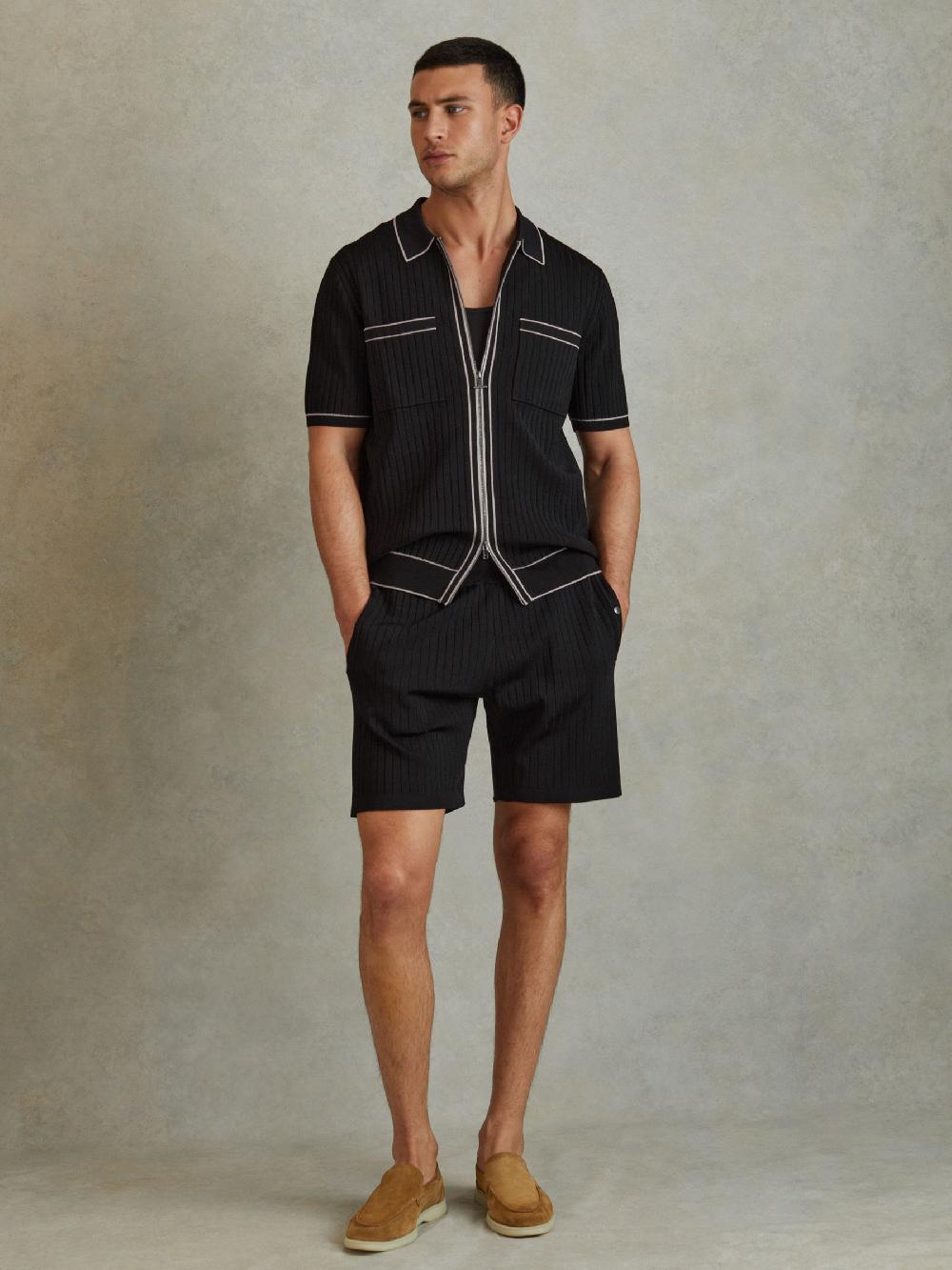 Reiss Ribbed Elasticated Waist Shorts In Black