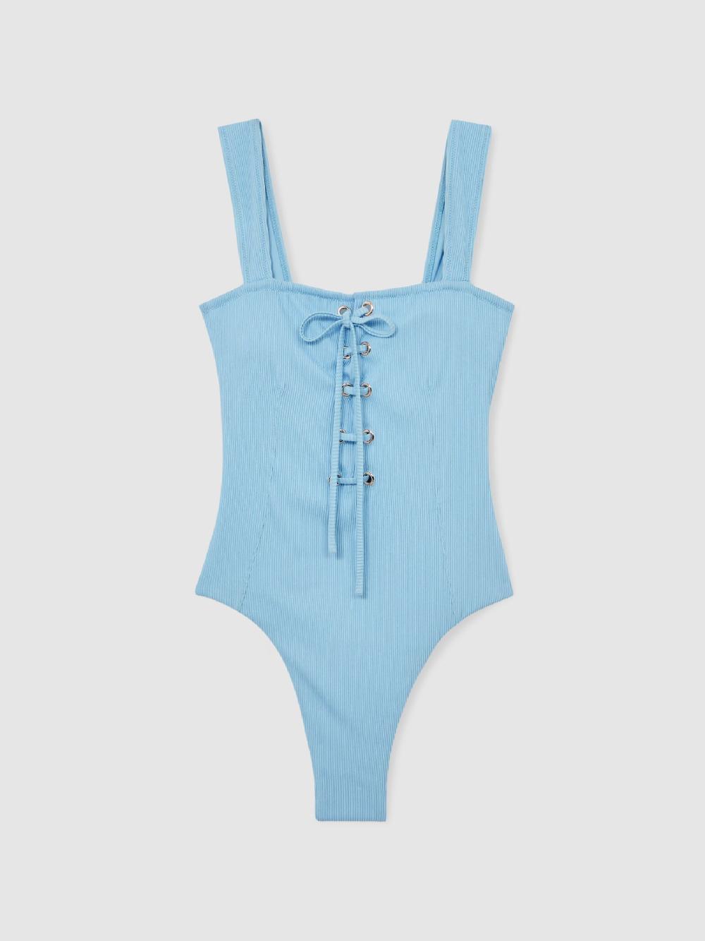 Reiss Ribbed Lace-Up Swimsuit In Blue