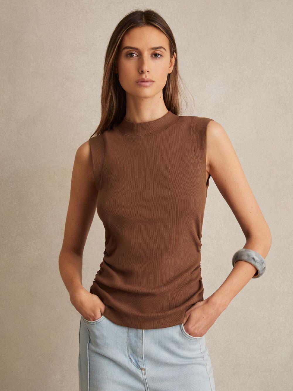 Reiss Ribbed Ruched Waist Vest In Toffee Brown