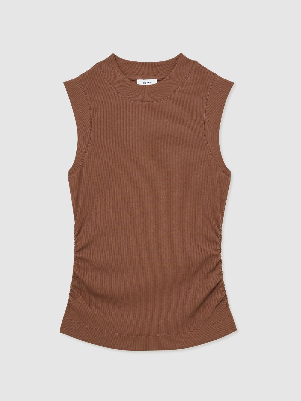 Reiss Ribbed Ruched Waist Vest In Toffee Brown