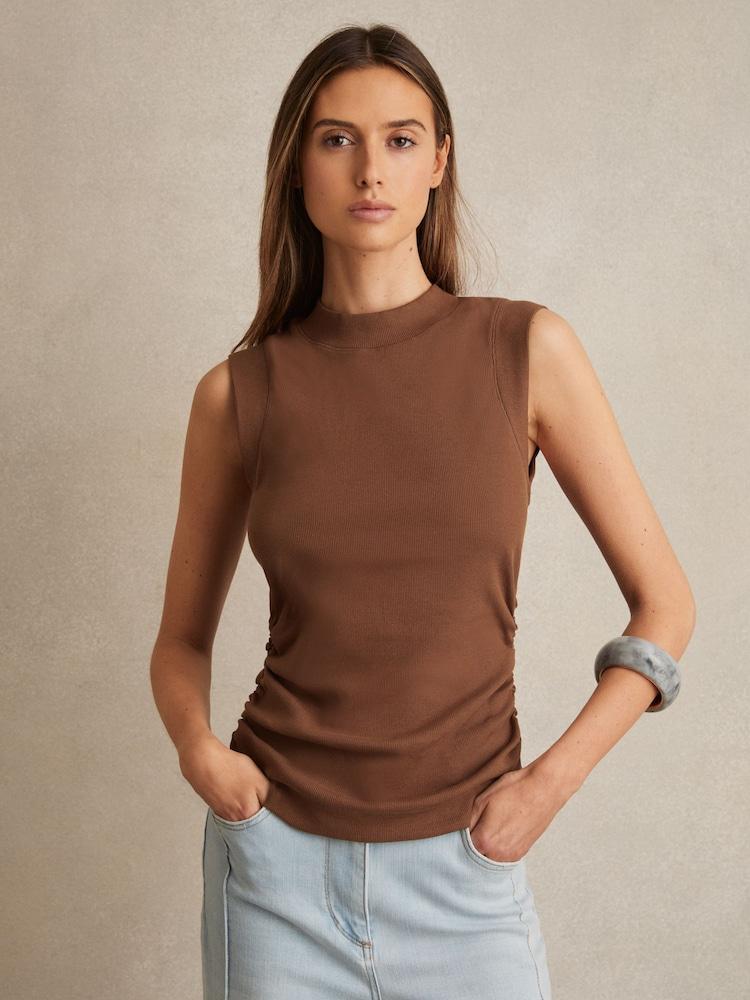 reiss Ribbed Ruched Waist Vest in Toffee Brown
