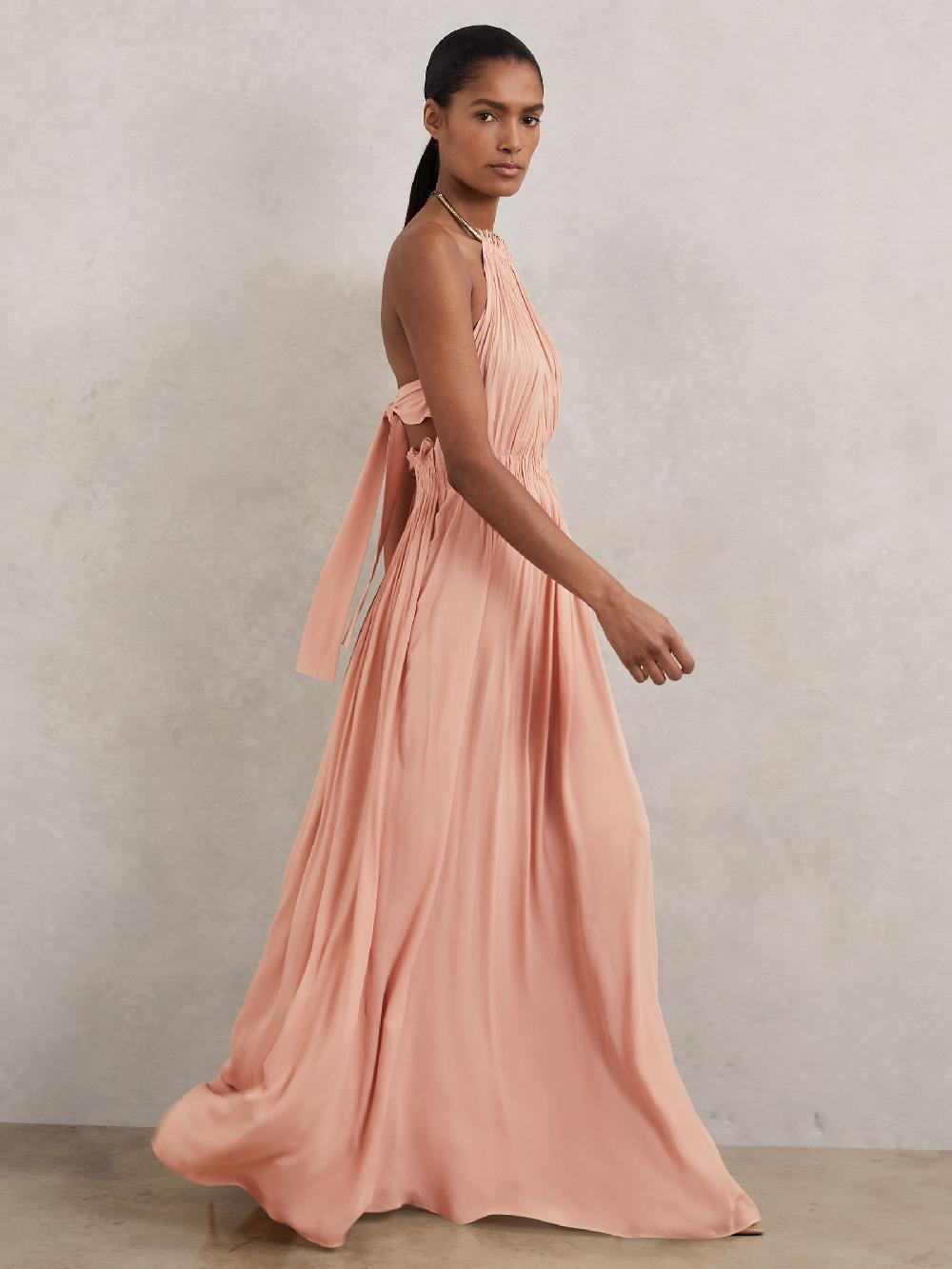 Reiss Ring-Detail Halterneck Maxi Dress In Pink