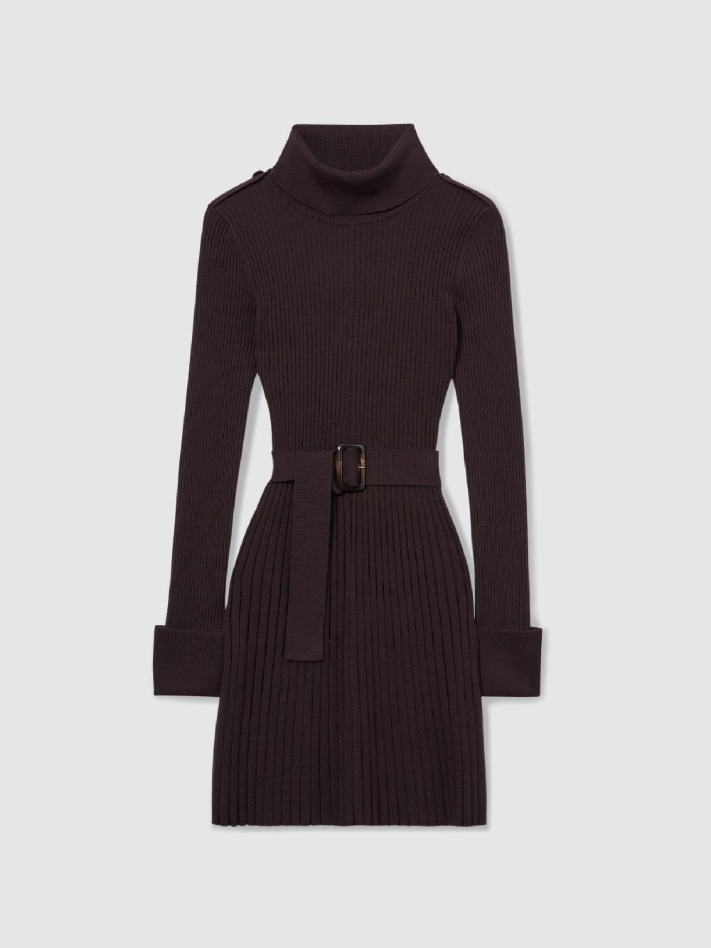 Reiss Roll-Neck Ribbed Mini Dress In Brown