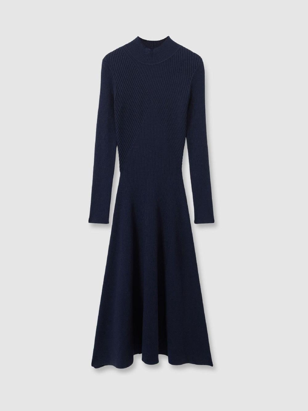Reiss Round Neck Ribbed Midi Dress In Navy