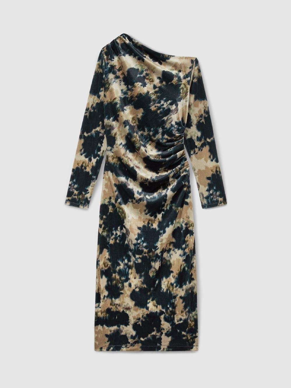 Reiss Ruched Abstract-Print Velvet Dress In Navy