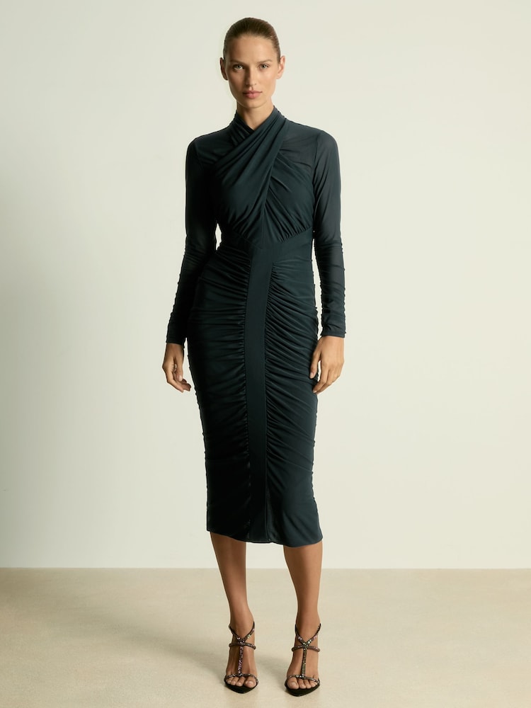 reiss Ruched Bodycon Midi Dress in Teal