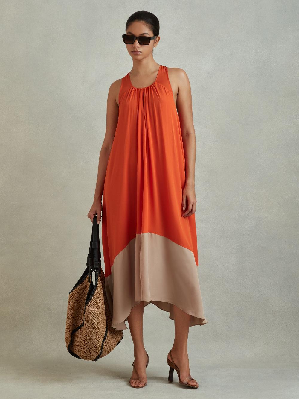 Reiss Ruched Dipped Hem Midi Dress In Orange