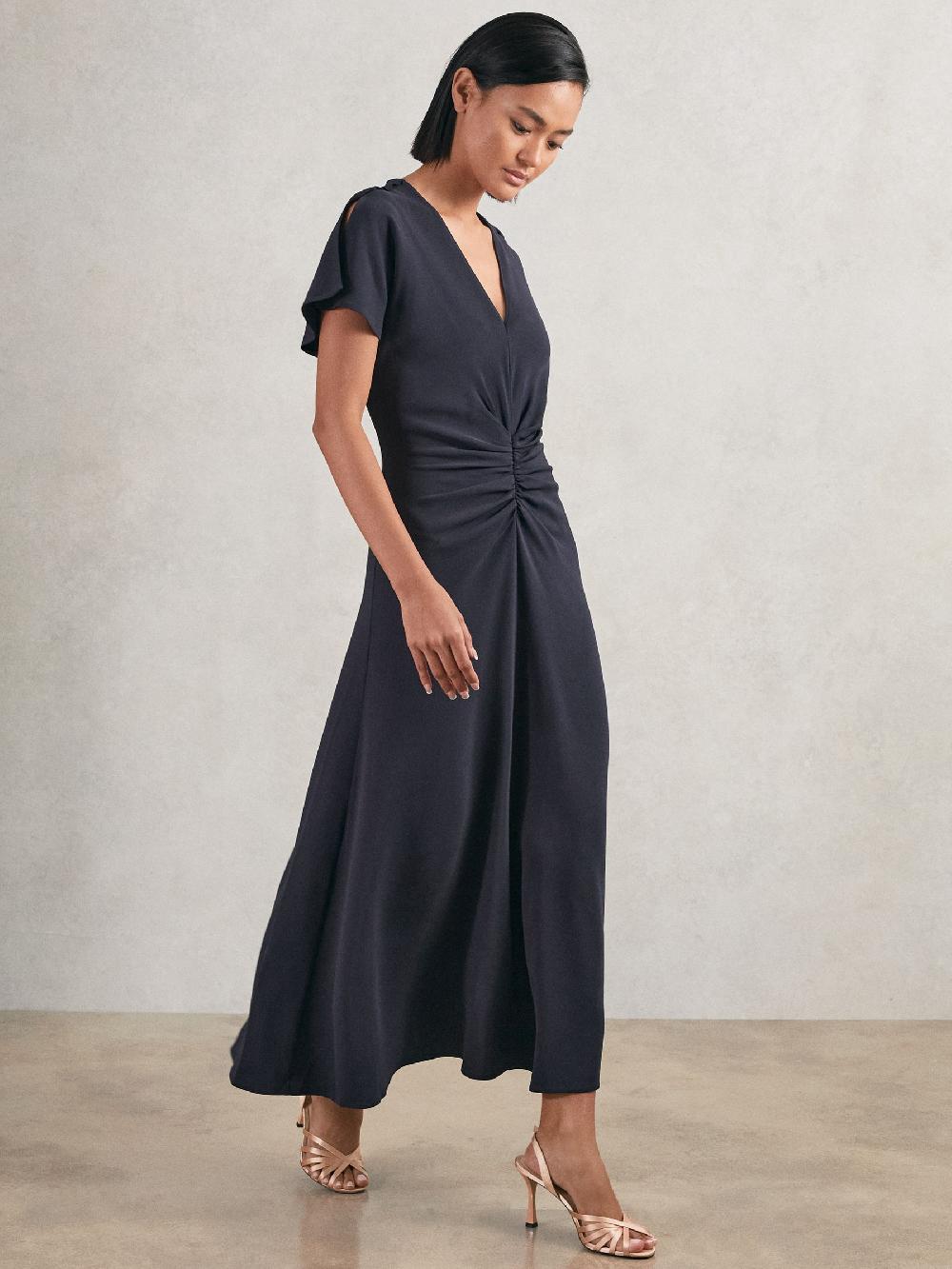 Reiss Ruched-Front Midi Dress In Navy
