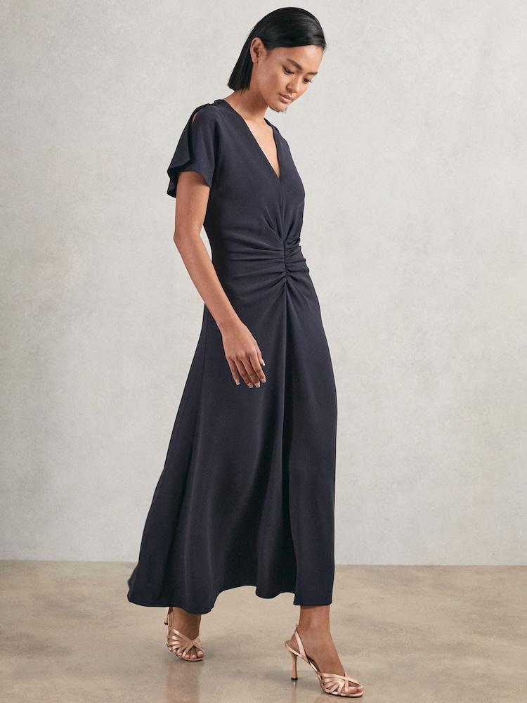 reiss Ruched-Front Midi Dress in Navy