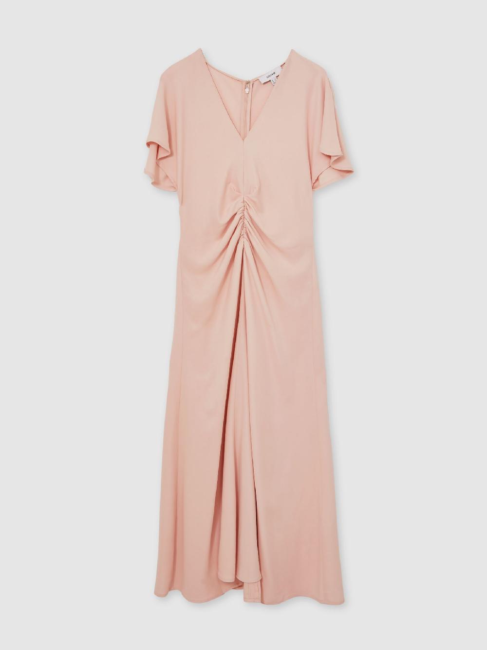 Reiss Ruched-Front Midi Dress In Pale Pink