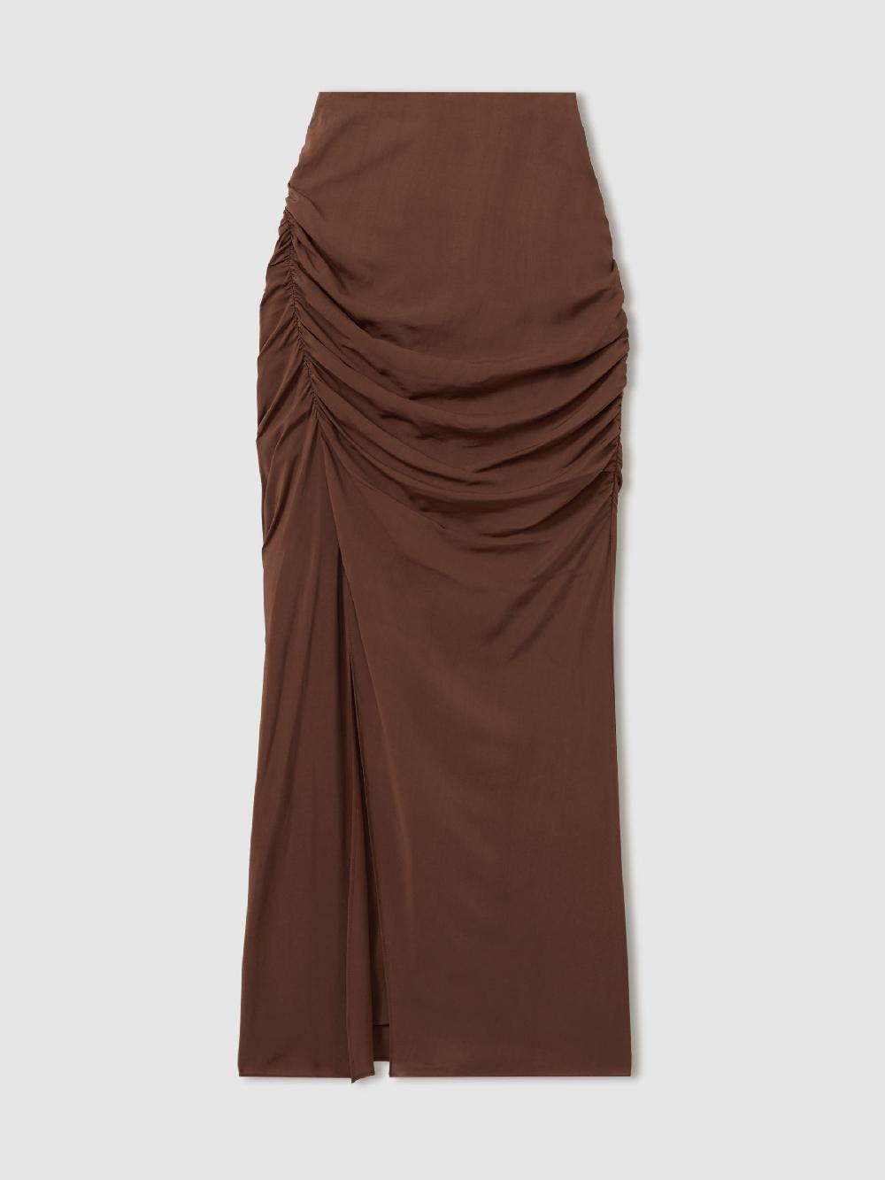 Reiss Ruched Front Split Midi Skirt In Chocolate