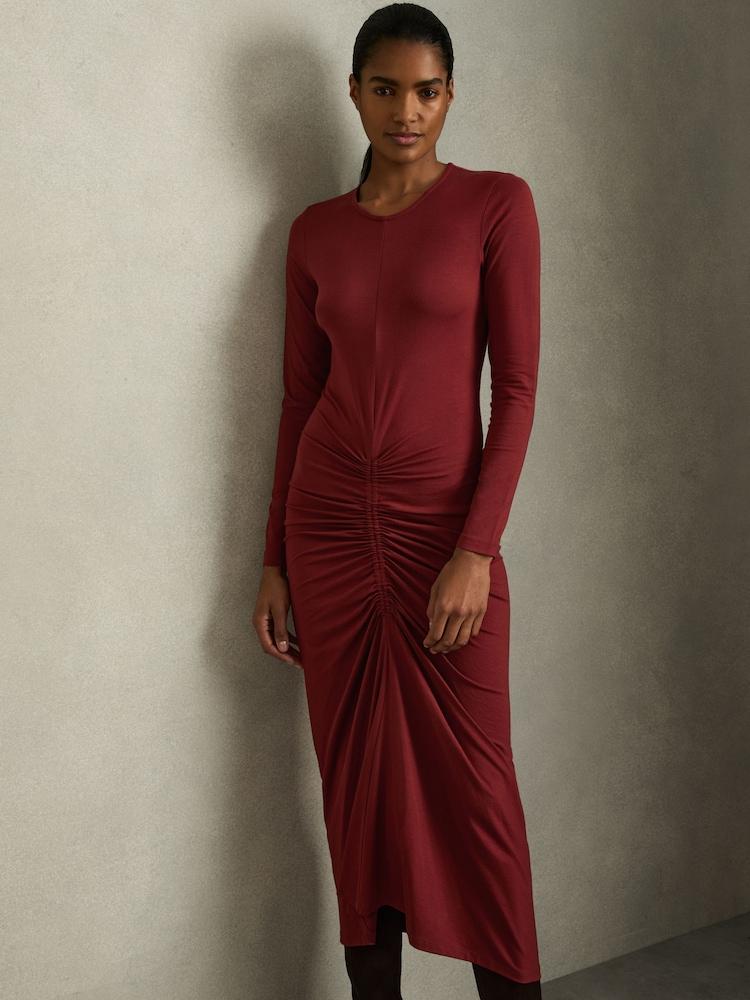reiss Ruched Jersey Midi Dress in Burgundy