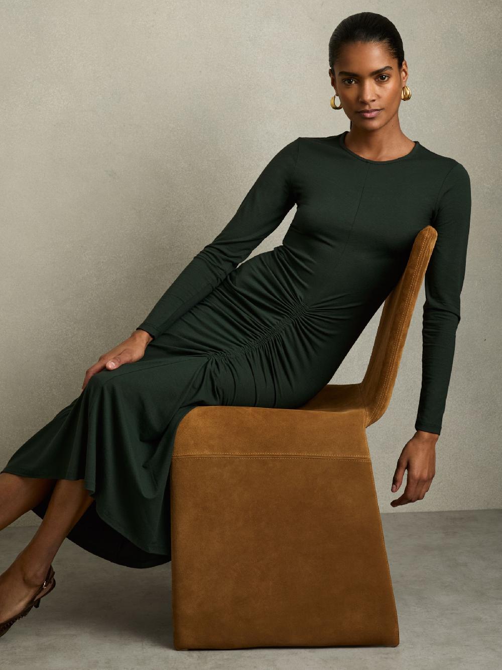 Reiss Ruched Jersey Midi Dress In Green