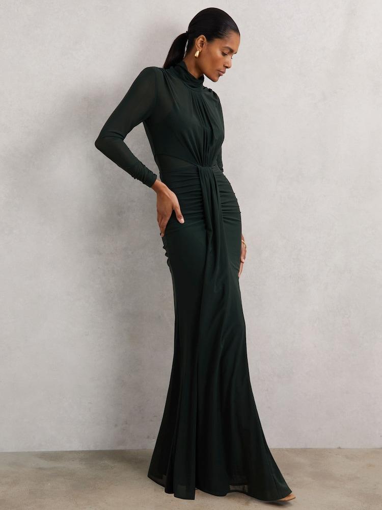 reiss Ruched Long-Sleeve Maxi Dress in Dark Green