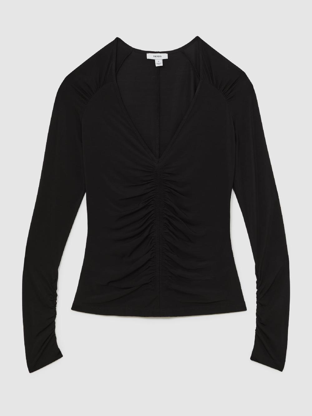 Reiss Ruched Mesh V-Neck Top In Black