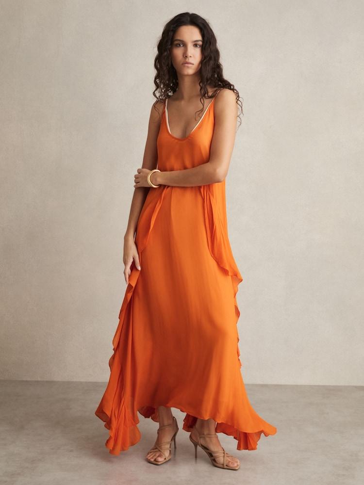 reiss Ruffle Detail Maxi Dress in Orange