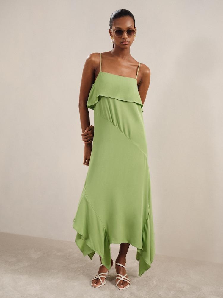 reiss Ruffle-Detail Midi Dress in Green
