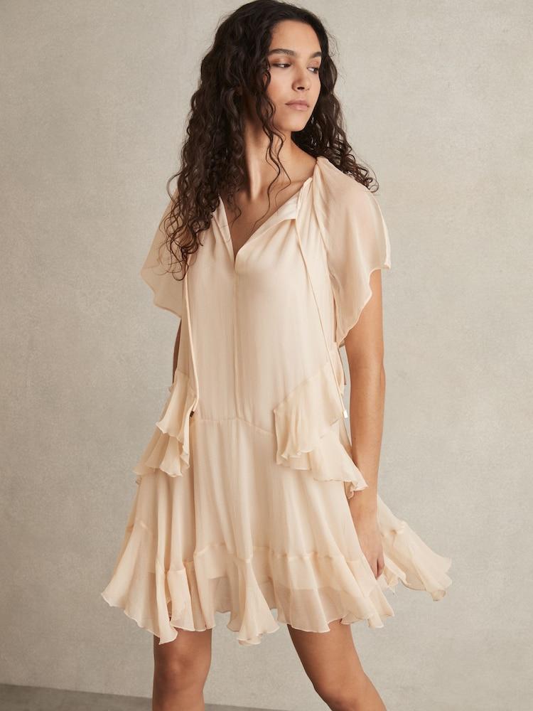 reiss Ruffle Mini Dress in Pink