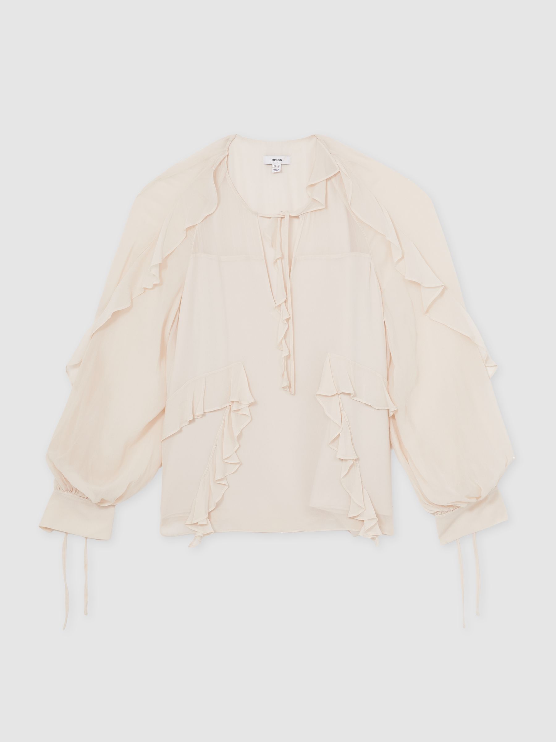 Reiss Ruffle Trim Tie Neck Top In Pale Pink