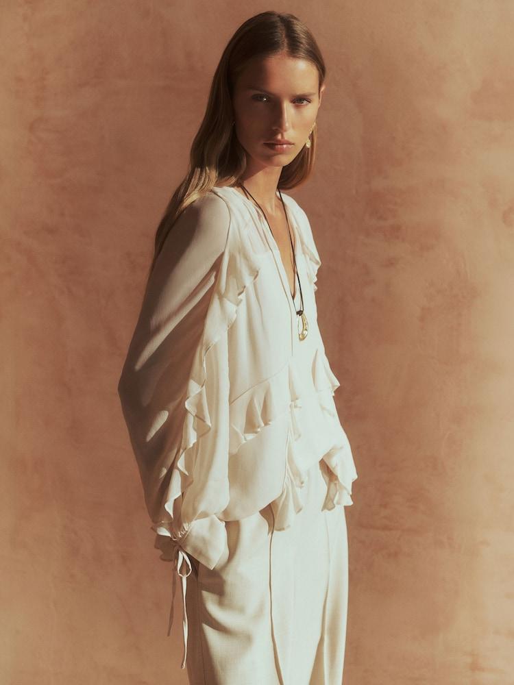 reiss Ruffle Trim Tie Neck Top in Pale Pink