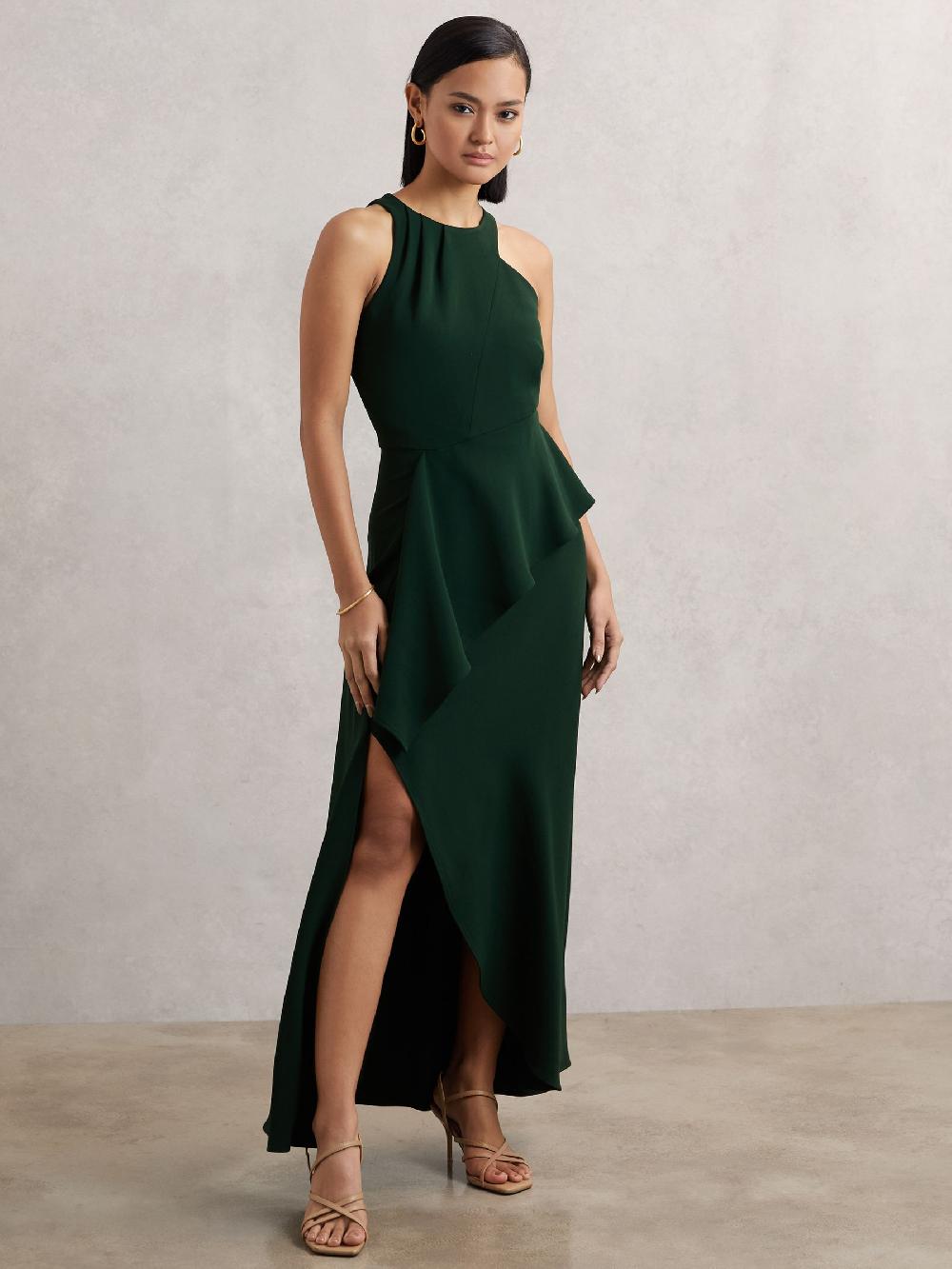 Reiss Ruffled Slash-Detail Maxi Dress In Green