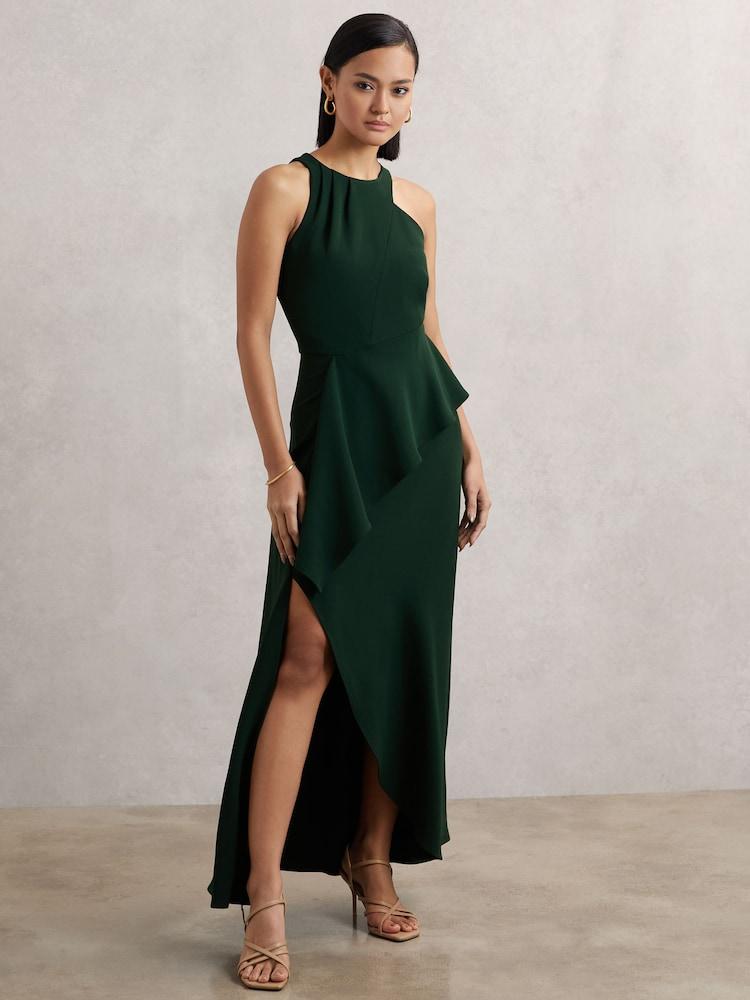 reiss Ruffled Slash-Detail Maxi Dress in Green