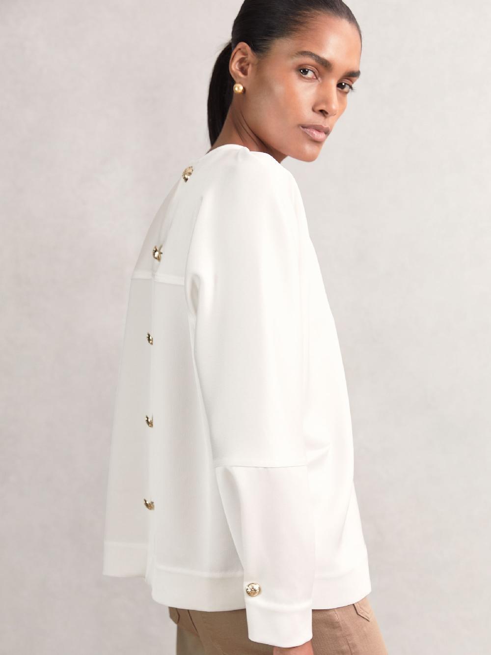 Reiss Satin Button-Back Long-Sleeve Top In Ivory