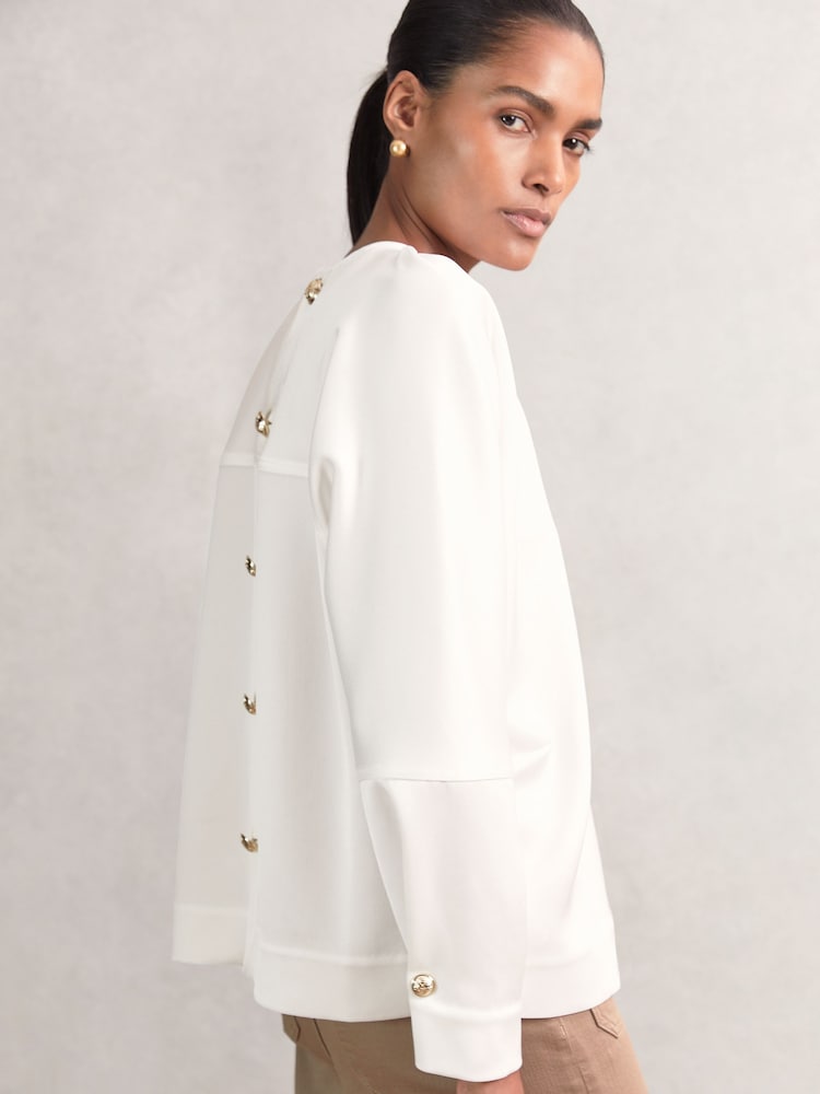 reiss Satin Button-Back Long-Sleeve Top in Ivory