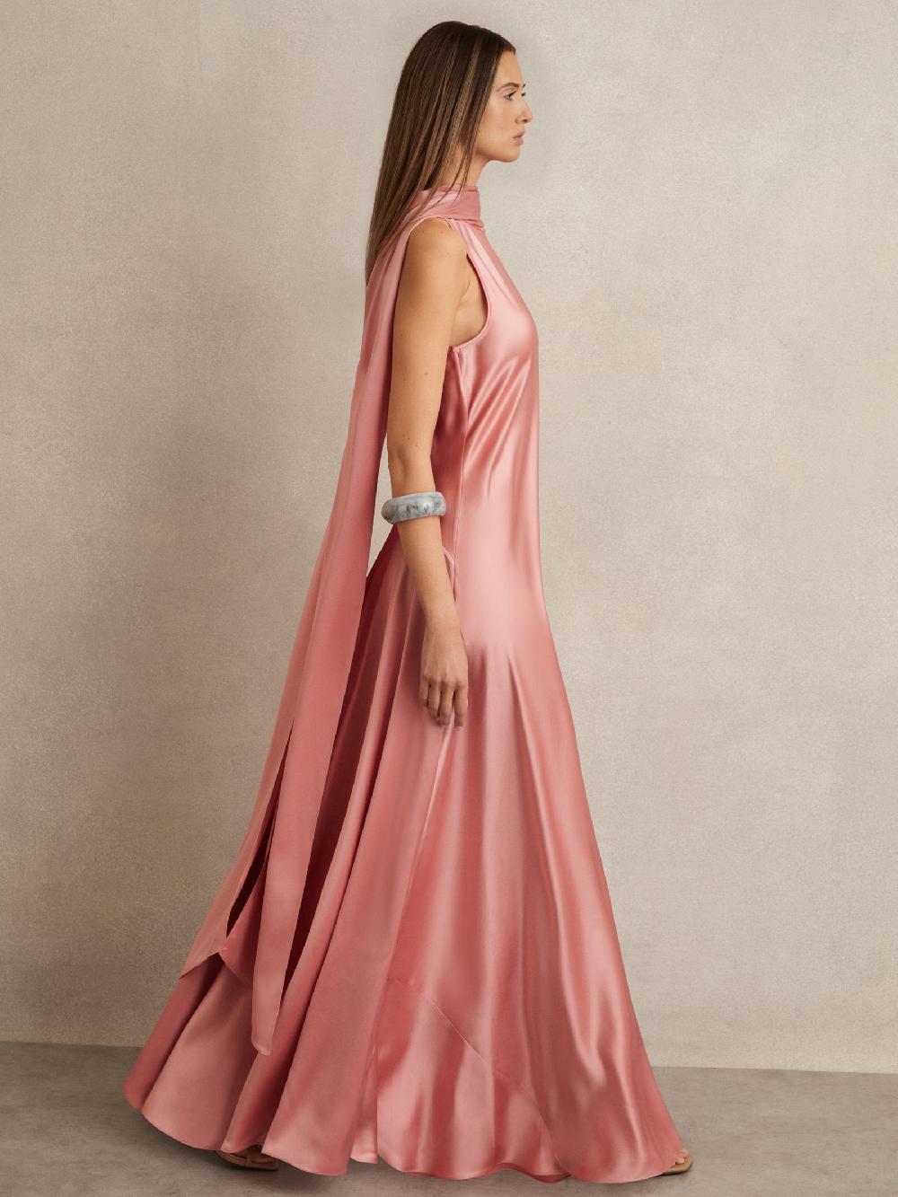 Reiss Satin Cape Maxi Dress In Pink