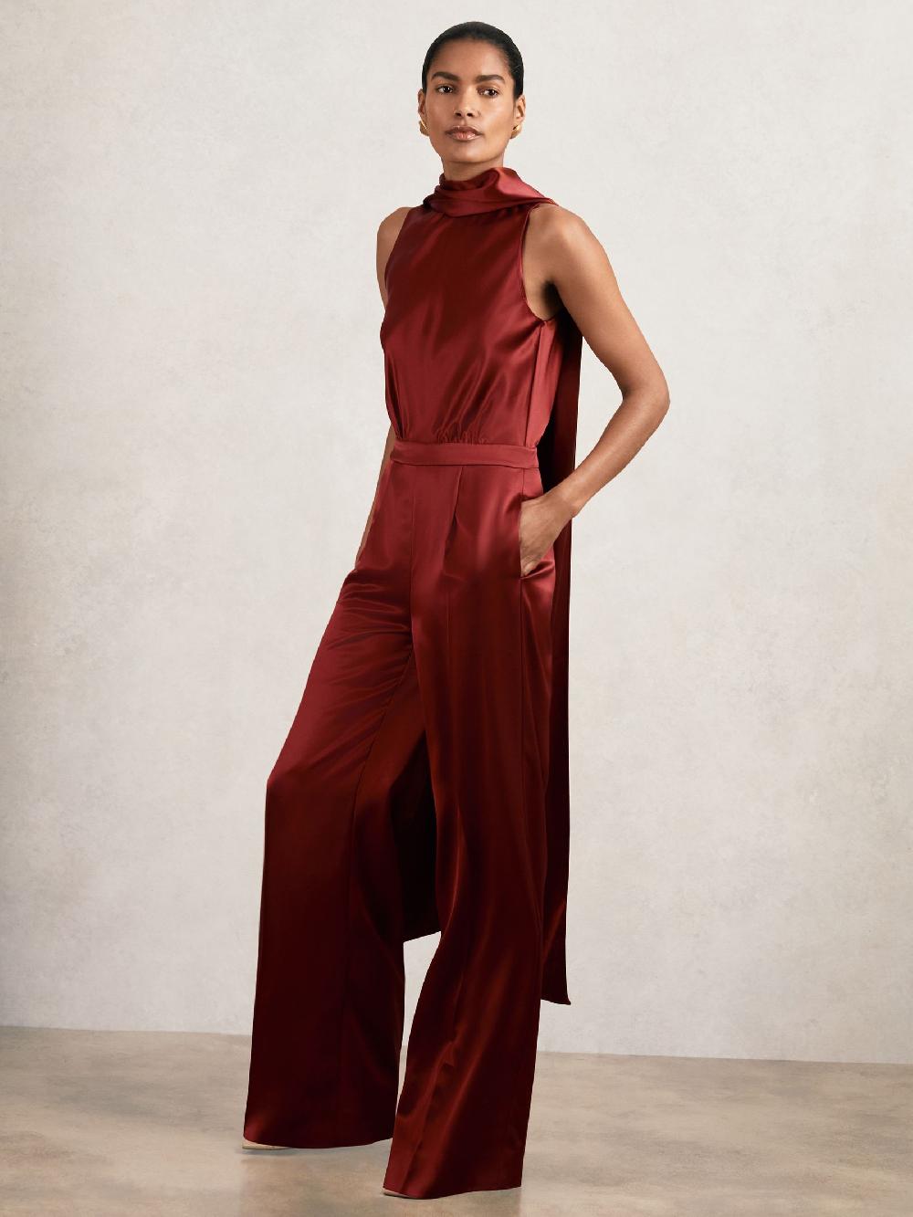 Reiss Satin Cape-Sash Jumpsuit In Dark Red