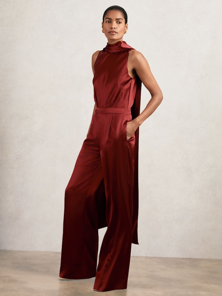 reiss Satin Cape-Sash Jumpsuit in Dark Red