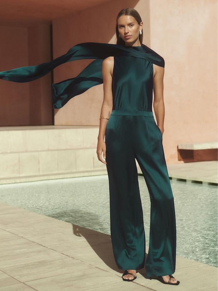reiss Satin Cape-Sash Jumpsuit in Teal Green