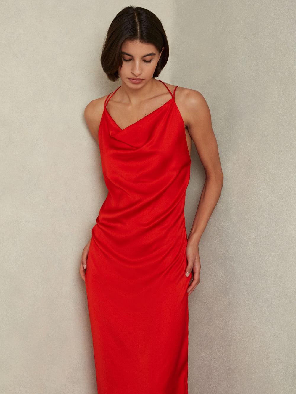 Reiss Satin Cowl Neck Maxi Dress In Orange