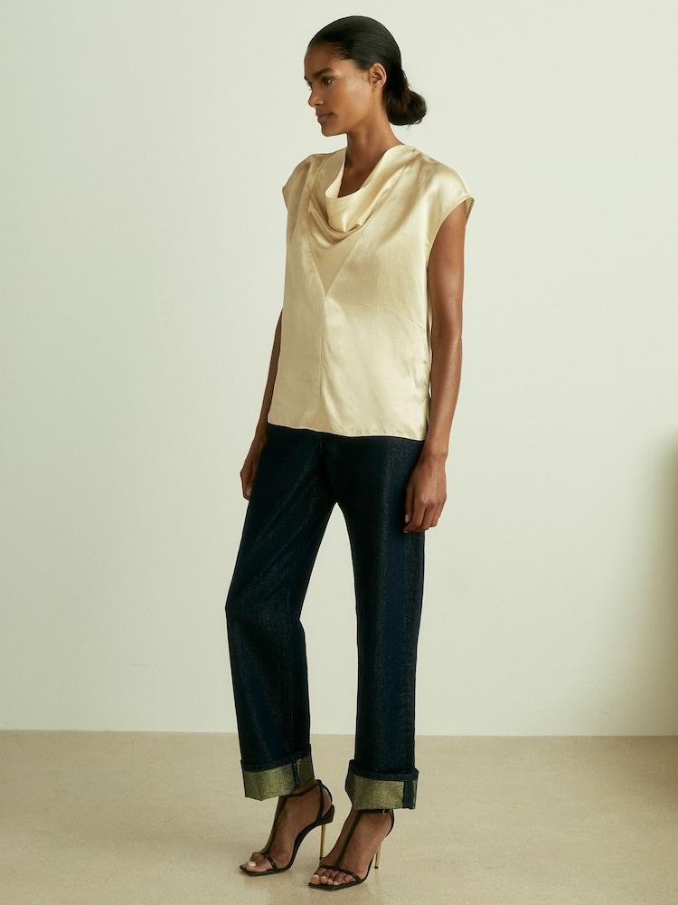 reiss Satin Cowl-Neck Top in Cream
