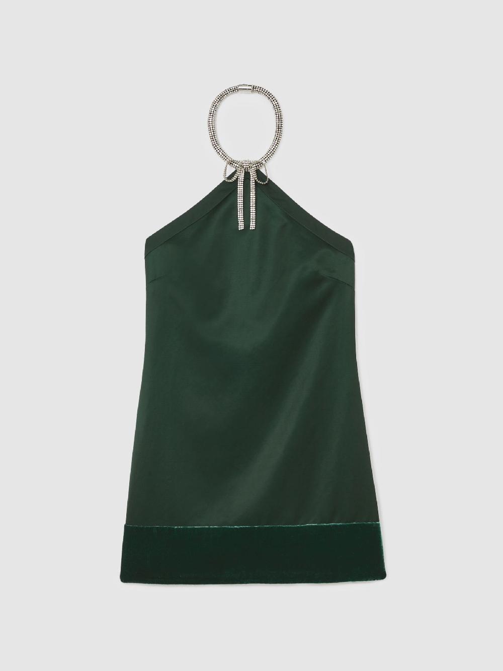Reiss Satin Crystal-Necklace Mini Dress In Green