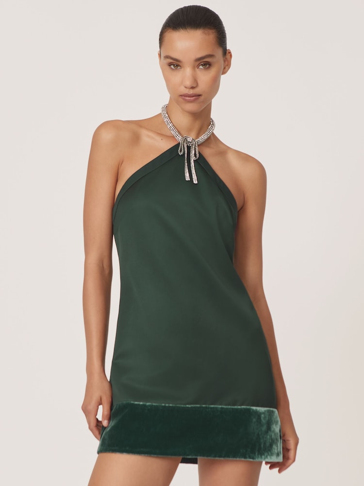 reiss Satin Crystal-Necklace Mini Dress in Green