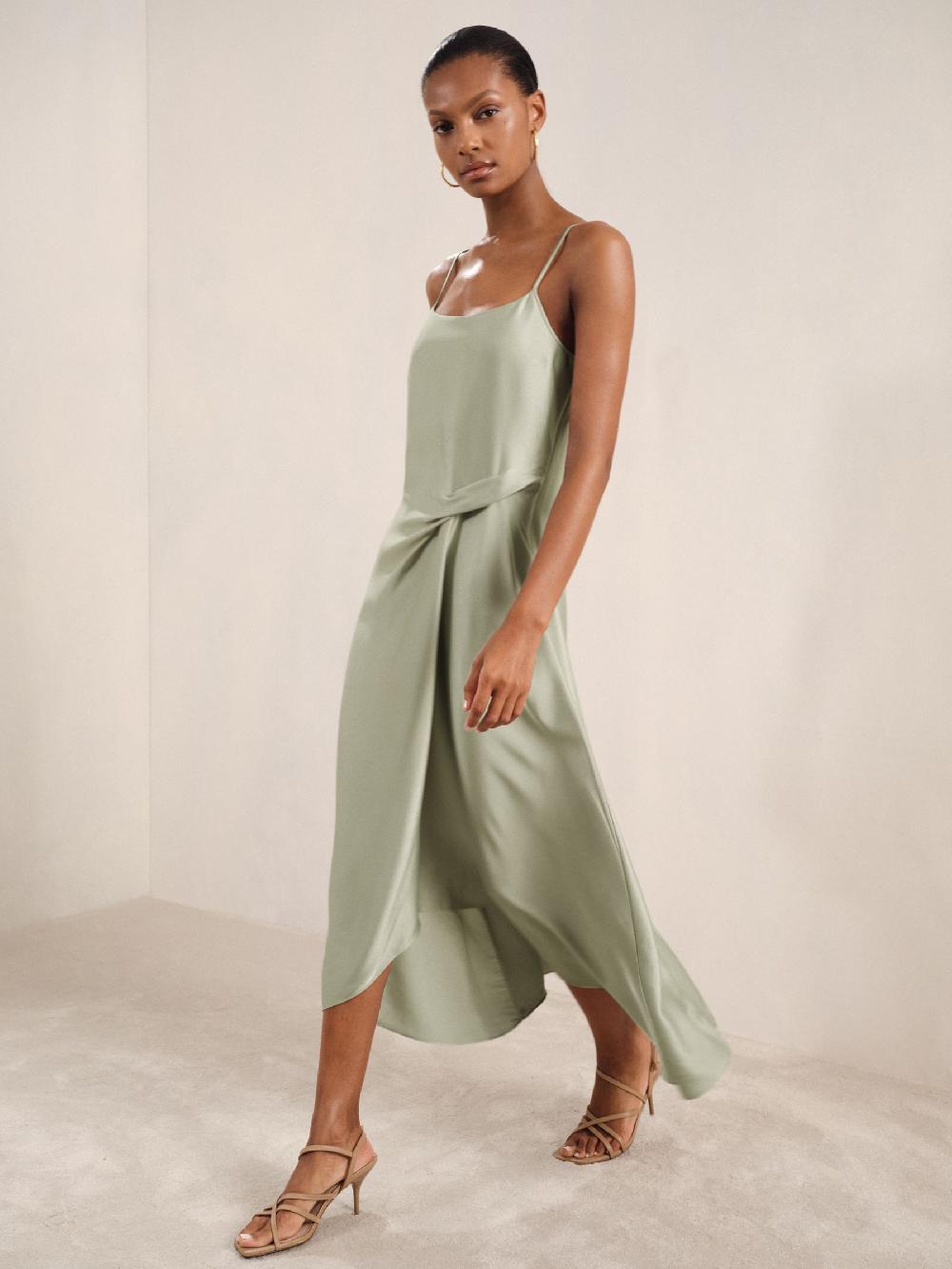 Reiss Satin Drape-Detail Slip Dress In Sage