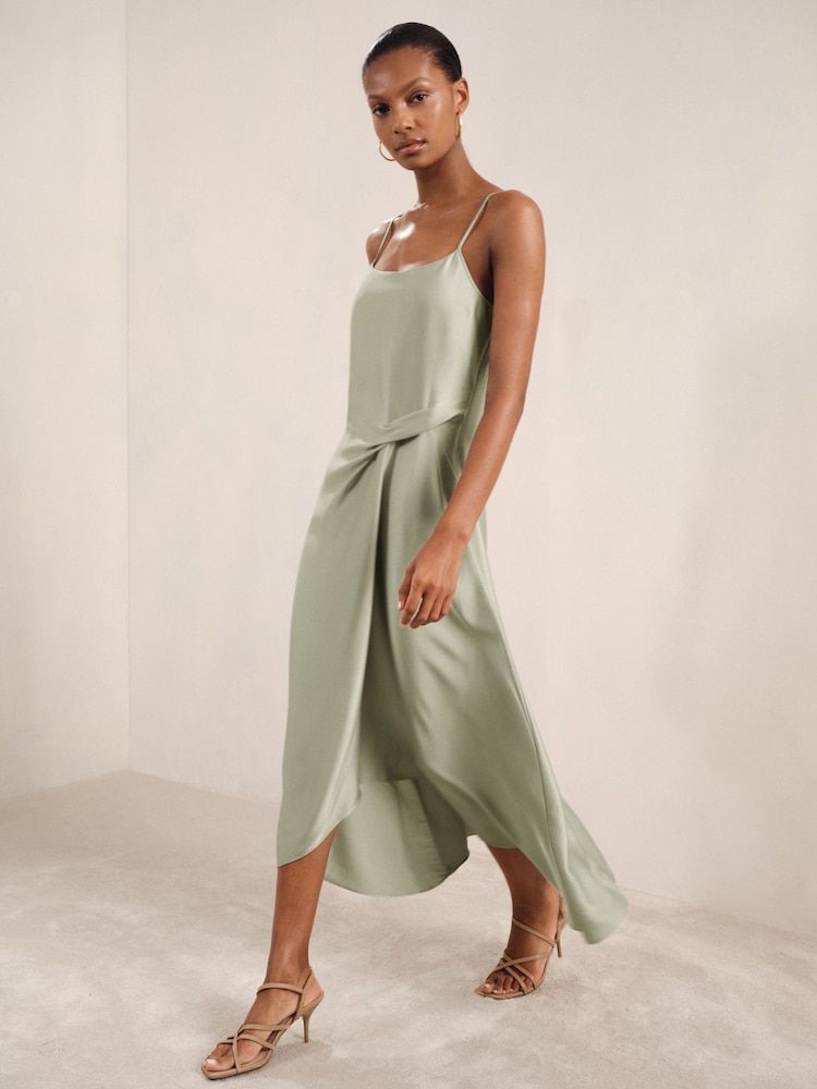 reiss Satin Drape-Detail Slip Dress in Sage